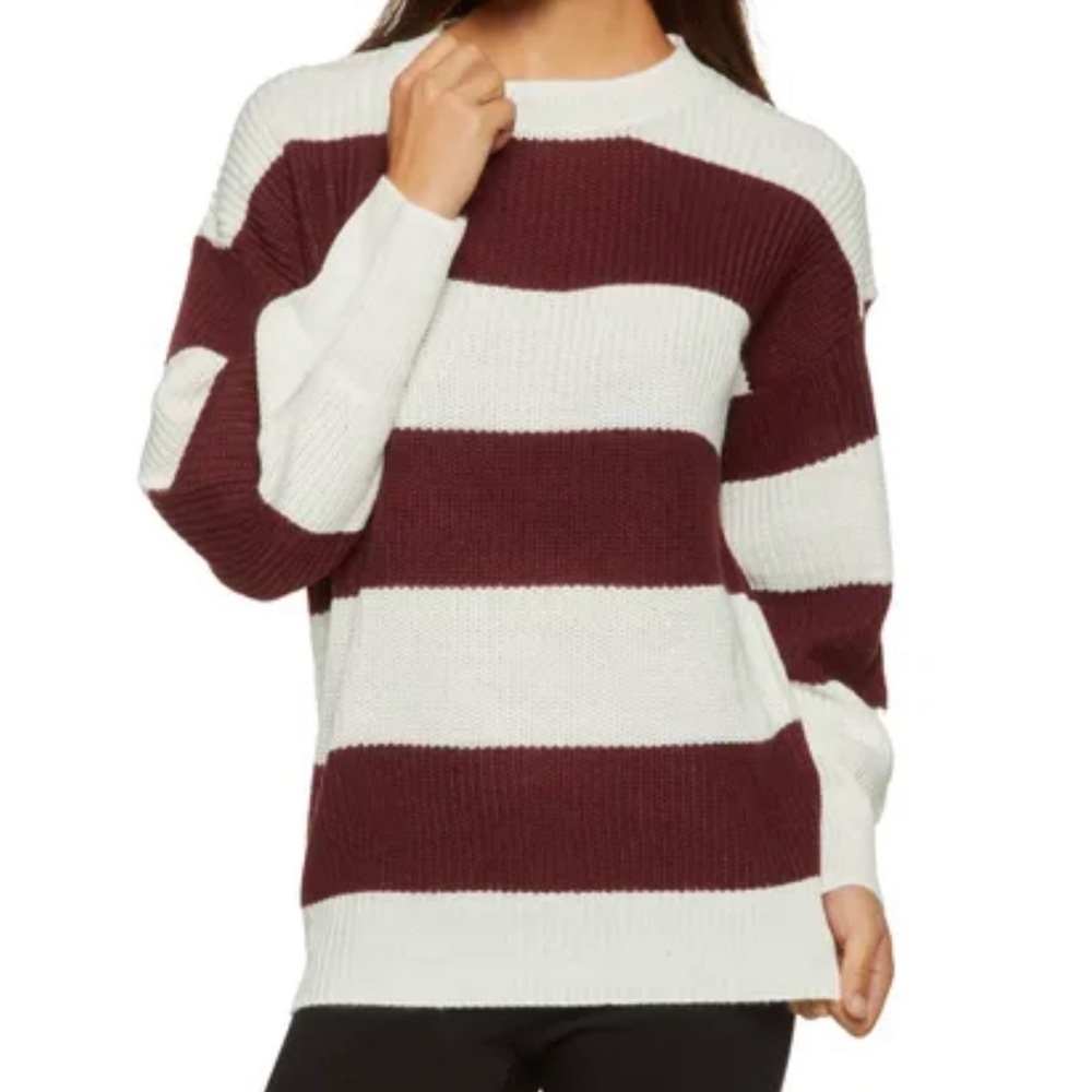 Cozy Maroon and White Striped Crew Neck Sweater